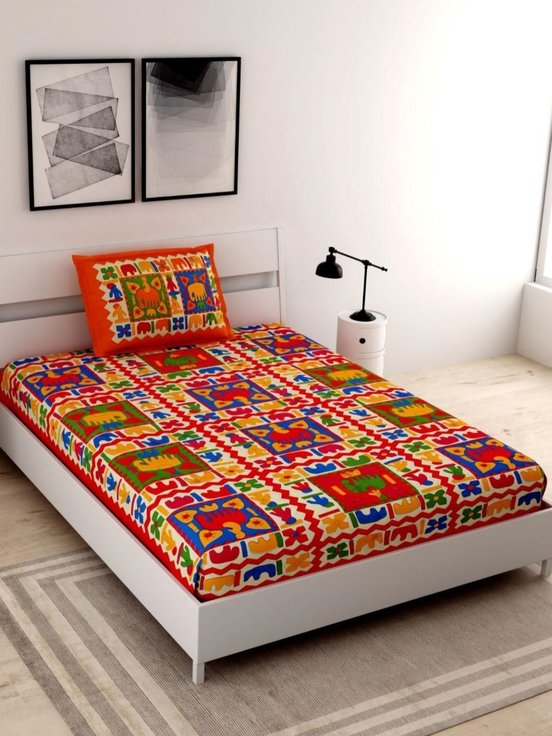 UNIQCHOICE Orange Ethnic Motifs Printed Cotton 120 TC Single Bedsheet Set-2.25 m x 1.50 m-picture-10