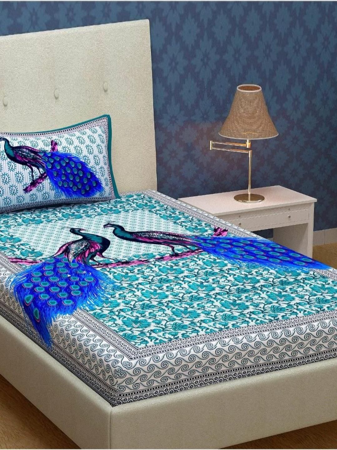UNIQCHOICE Turquoise Blue Floral Cotton 120 TC Bedsheet with 1 Pillow Cover-2.25m x 1.50m-picture-11