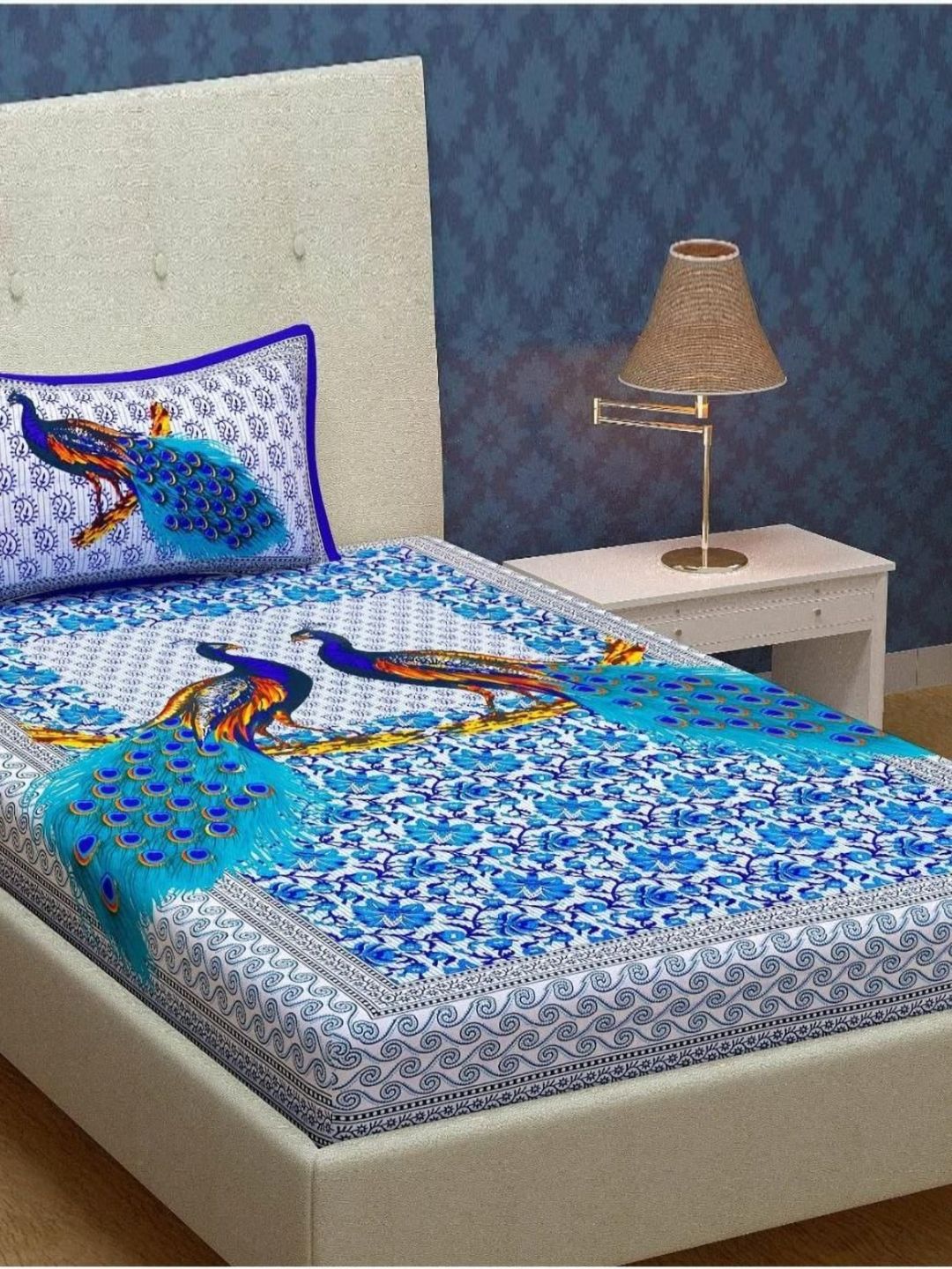 UNIQCHOICE Blue Floral Cotton 120 TC Single Bedsheet with 1 Pillow Cover-2.25 m x 1.50 m-picture-15