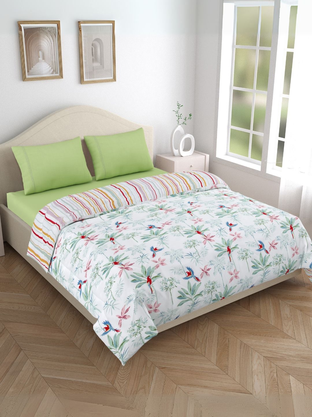 haus & kinder Green & White Floral Printed 150 GSM Double Bed Reversible Comforter-picture-10