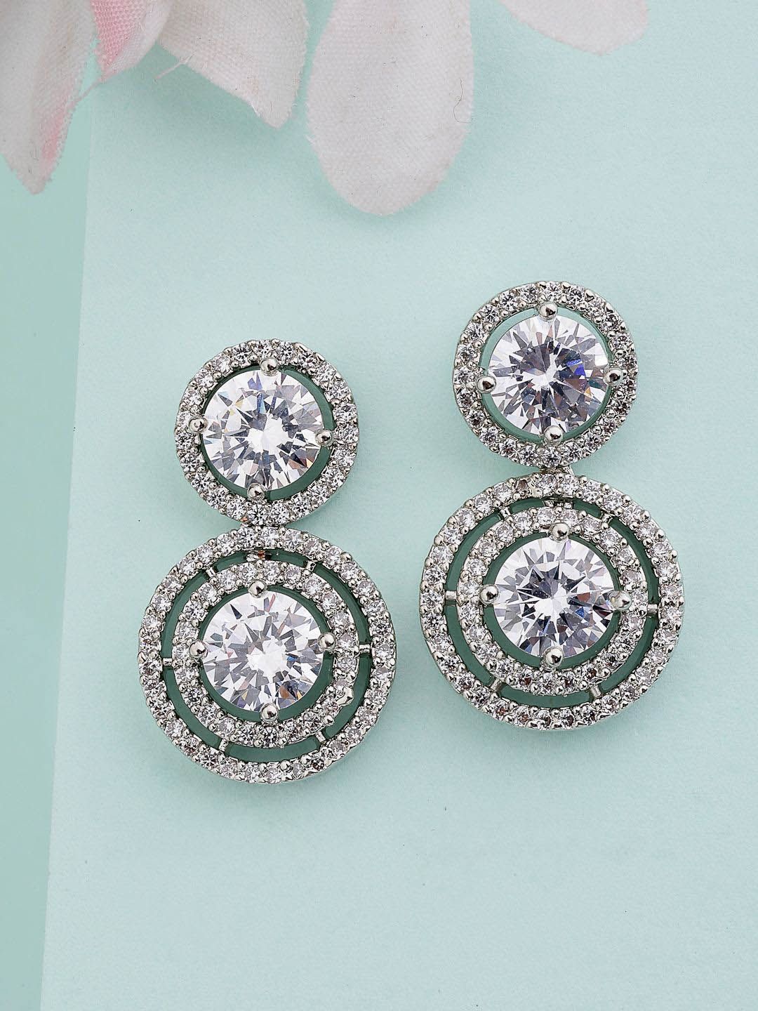 ZENEME Rhodium-Plated American Diamond Studded Contemporary Drop Earrings-picture-22