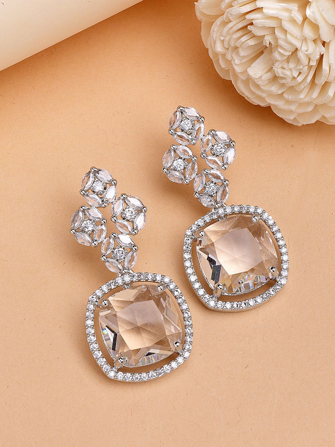 ZENEME Rhodium Plated American Diamond Studded Contemporary Drop Earrings-picture-20