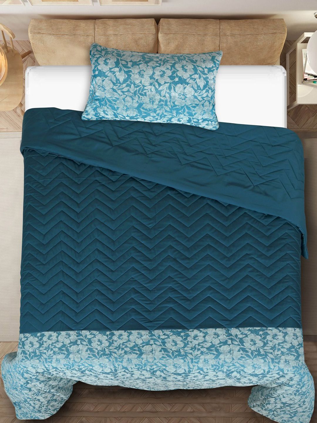Saral Home Teal Floral Cotton 400 GSM Reversible Single Bed Quilt with 1 Pillow Cover-picture-11