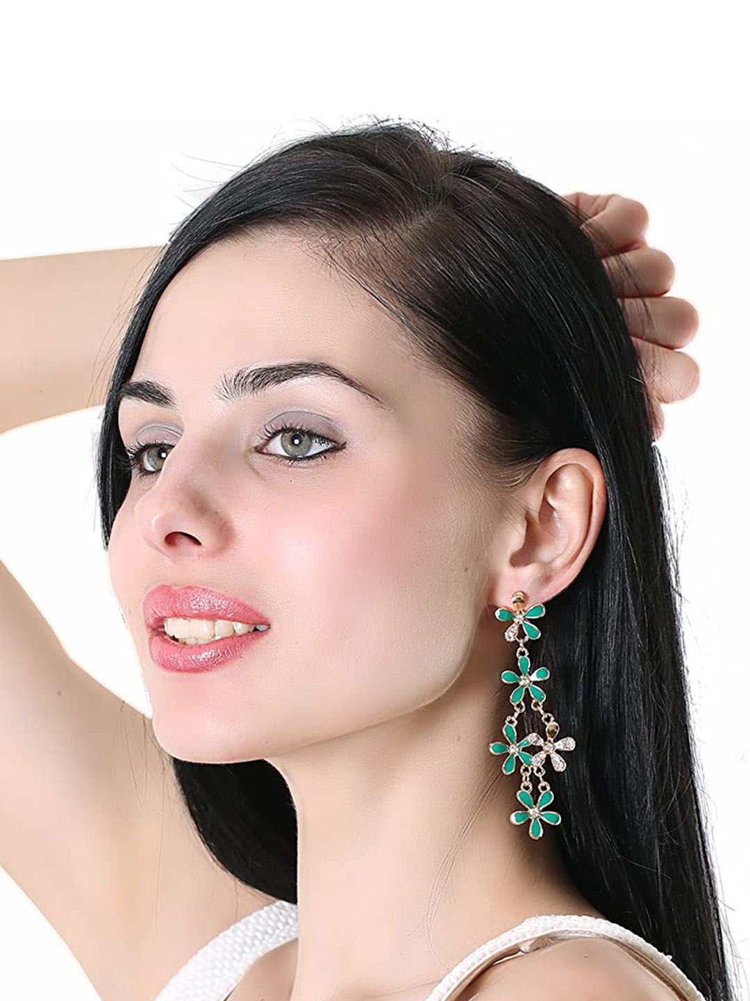 DIVASTRI Gold-Plated Artificial Stones Studded Floral Drop Earrings-picture-22