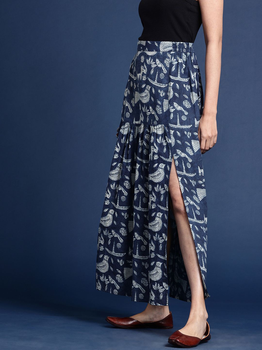 Taavi Women Ethnic Motifs Printed Pure Cotton Indigo Maxi Skirt-picture-14