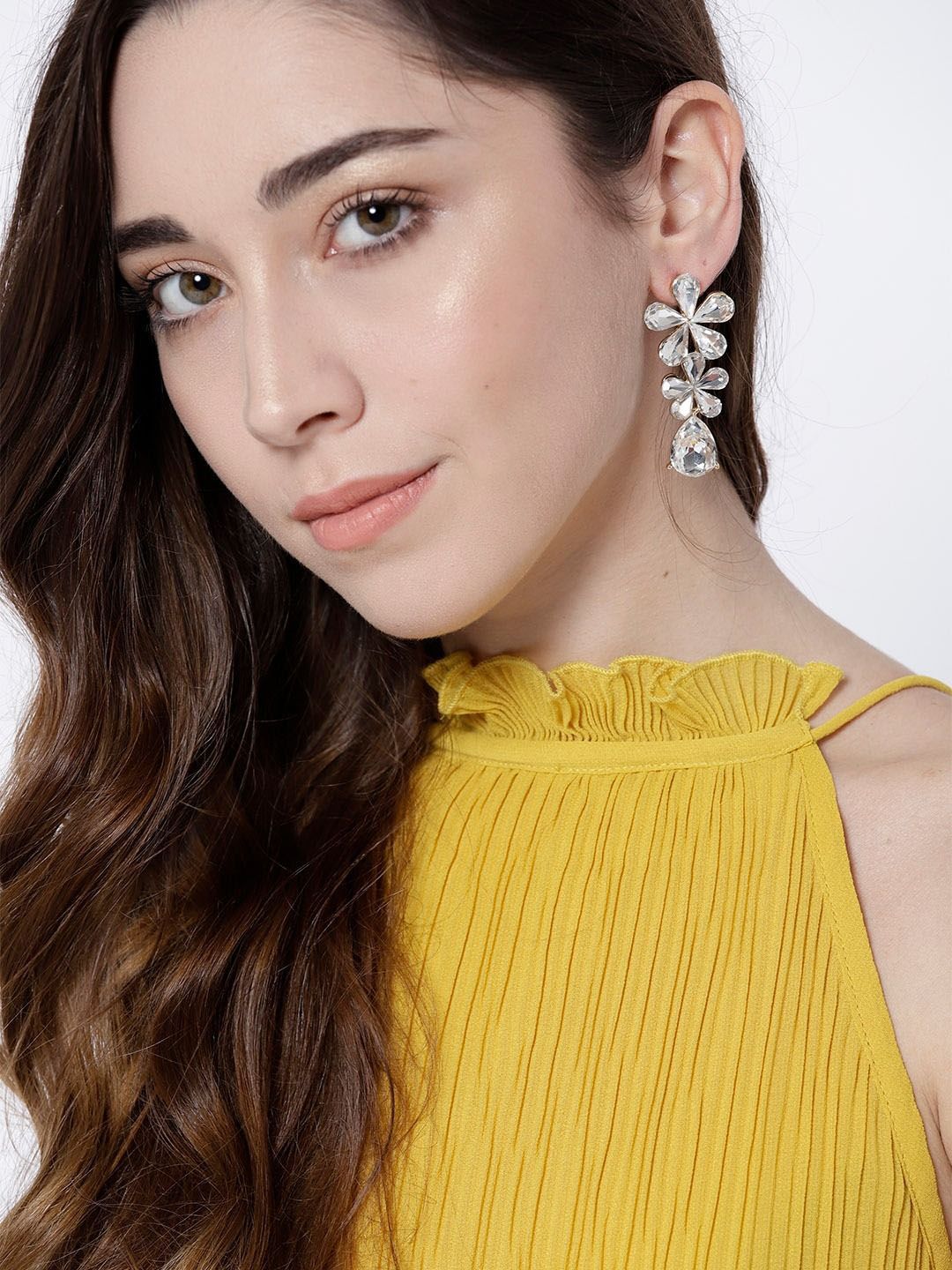 DIVASTRI Gold-Plated Artificial Stones Studded Floral Drop Earrings-picture-34