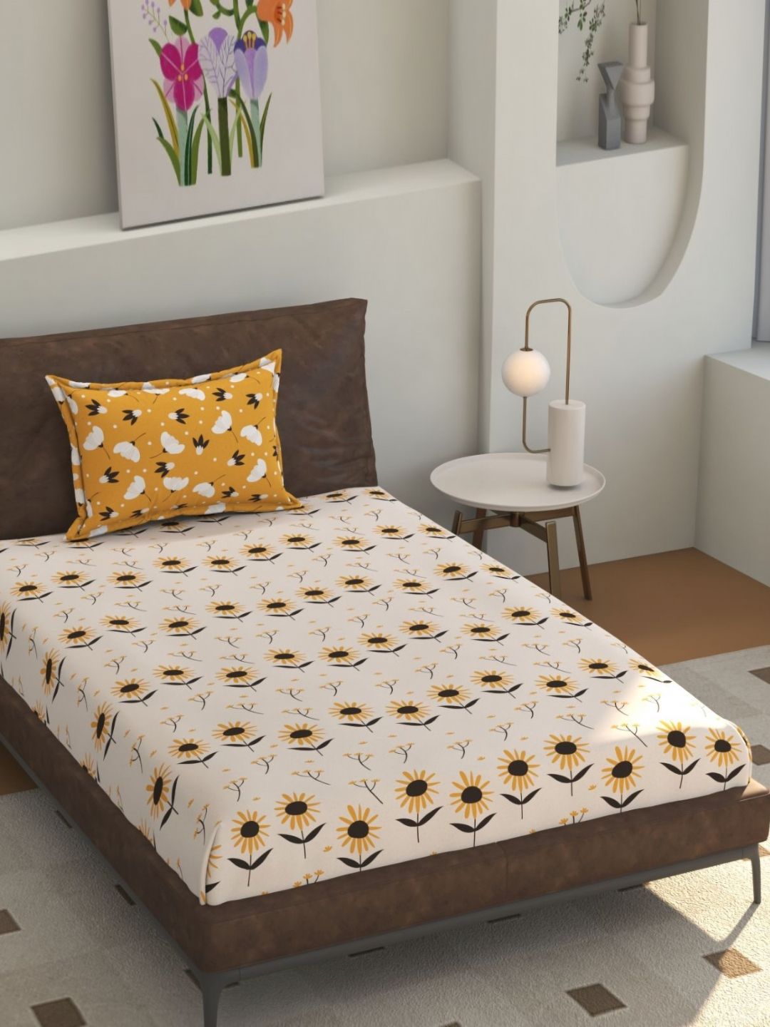 Florida Cream-Coloured & White Floral Printed 200 TC Single Bedsheet Set 1.55 m x 2.28 m-picture-19