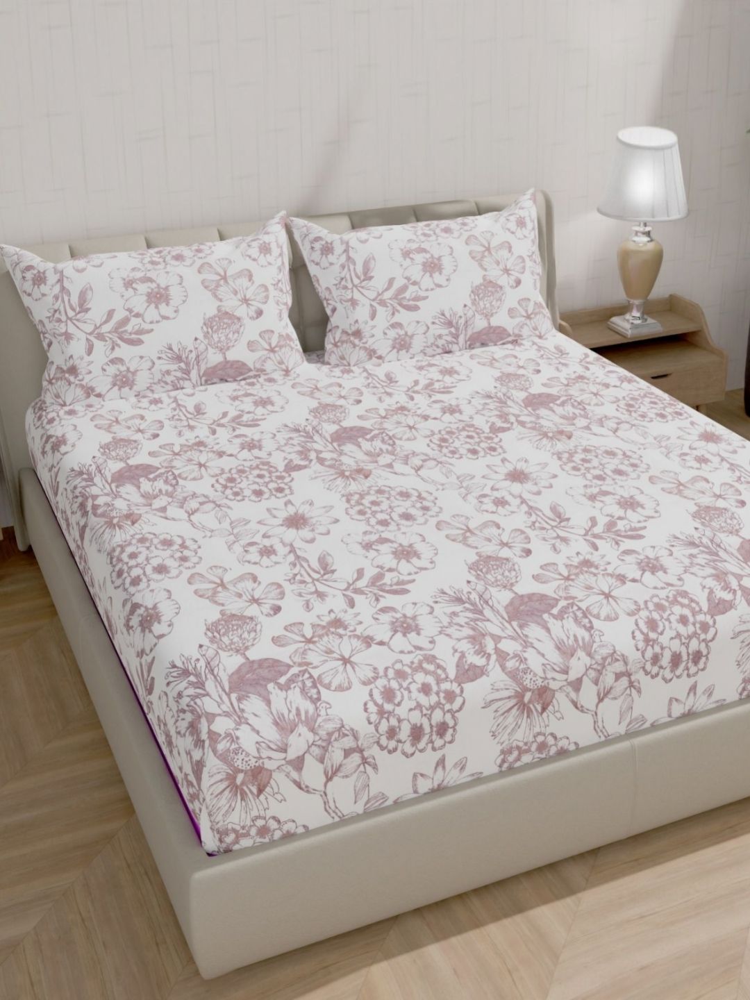 Florida Pink & White Floral Printed 300 TC Cotton King Bedsheet Set 2.28 m x 2.75 m-picture-25