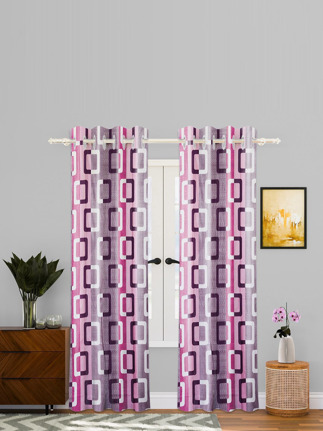 Kuber Industries Pink & Purple 6 Pieces Geometric Printed Sheer Door Curtains-picture-20