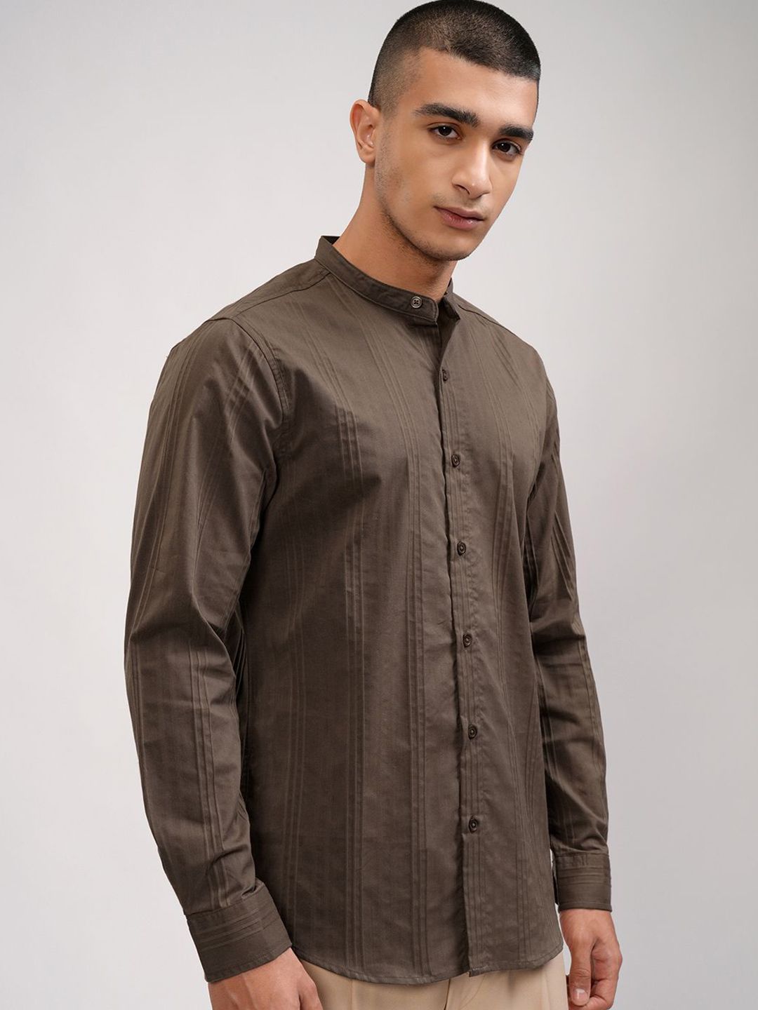 HIGHLANDER Men Band Collar Vertical Striped Cotton Casual Shirt-picture-19