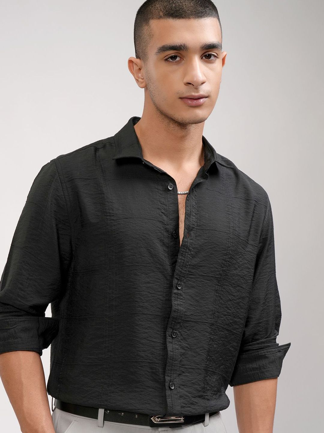 HIGHLANDER Men Slim Fit Spread Collar Textured Casual Shirt-image-46