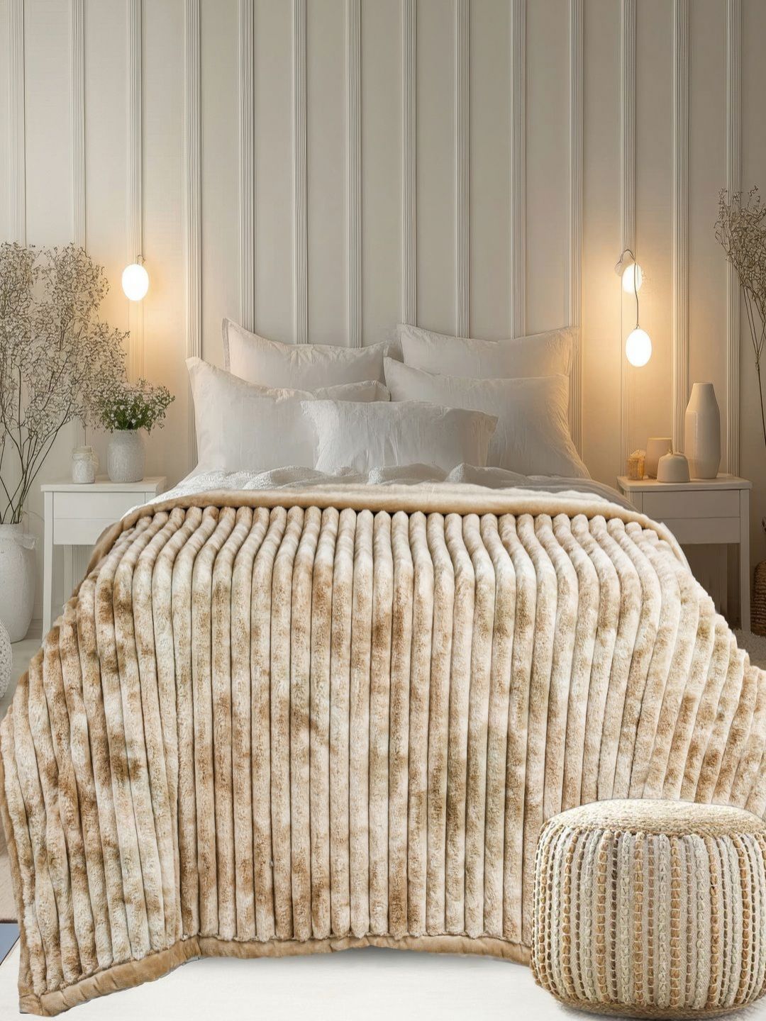 GAPU & BALY Beige & White Abstract Fur 300 GSM Heavy Winter Double Bed Blanket-picture-30