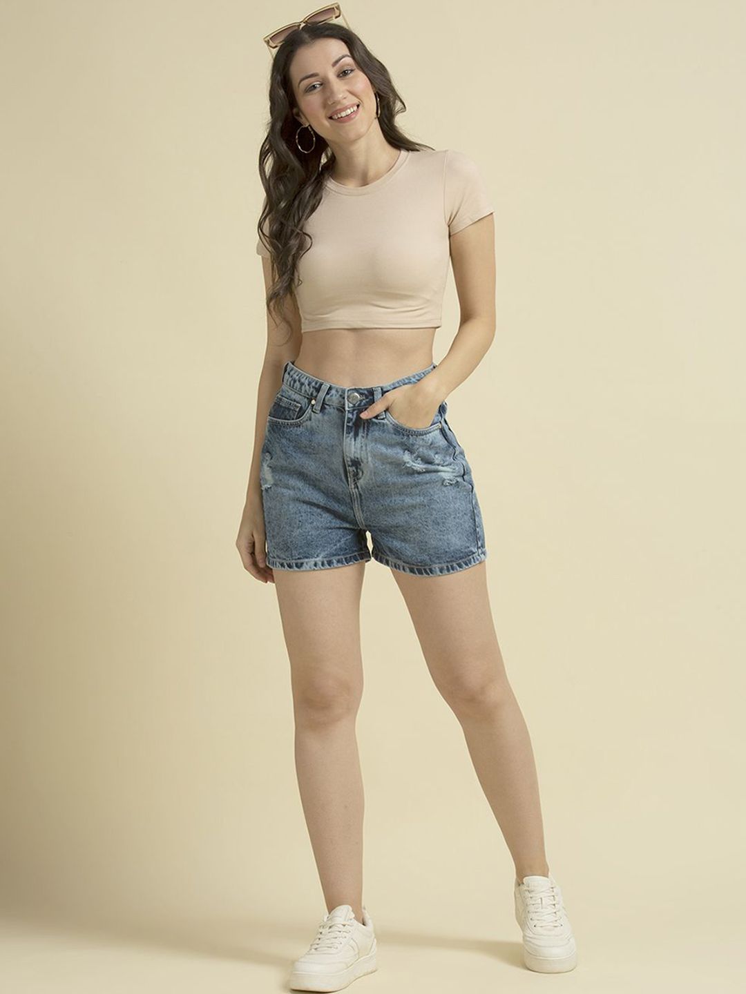 Style Quotient Women High-Rise Ribbed Denim Shorts view 3