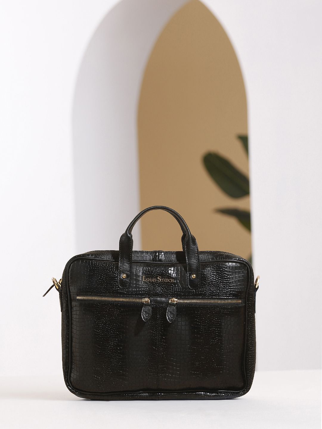 LOUIS STITCH Textured Italian Leather Jet Black Slim Dual Tone Laptop Bag-picture-10