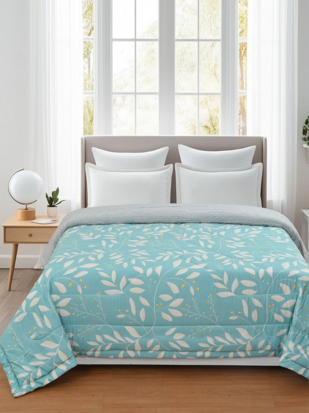 Florida Flyn Teal & White Floral Microfiber 800 GSM Double Bed Comforter-image-24