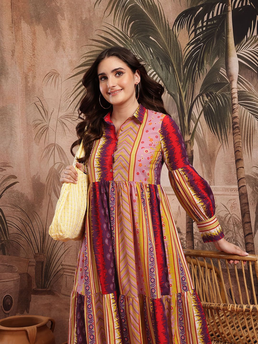 Sangria Printed Pure Cotton Tiered Shirt Ethnic Dress-picture-35