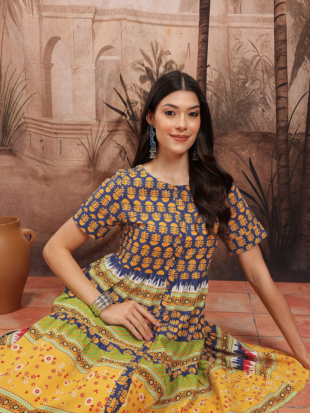 Sangria Floral Print Cotton A-Line Ethnic Dress-picture-21