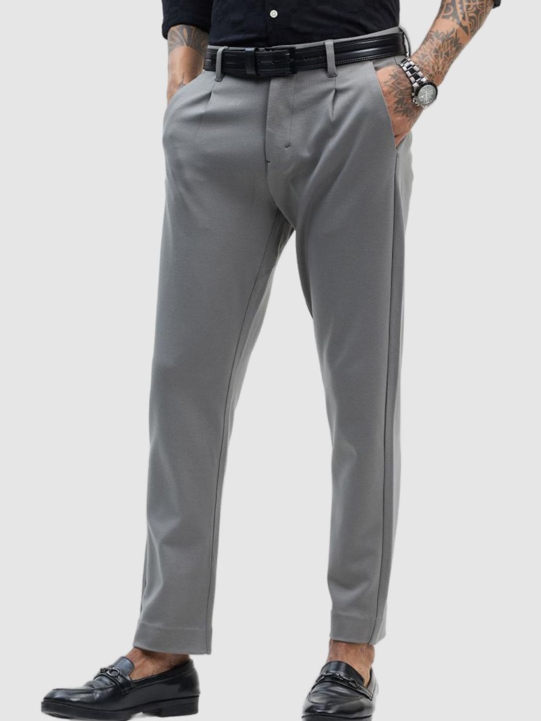 Snitch Men Grey Plain Slim Fit Trousers-picture-40