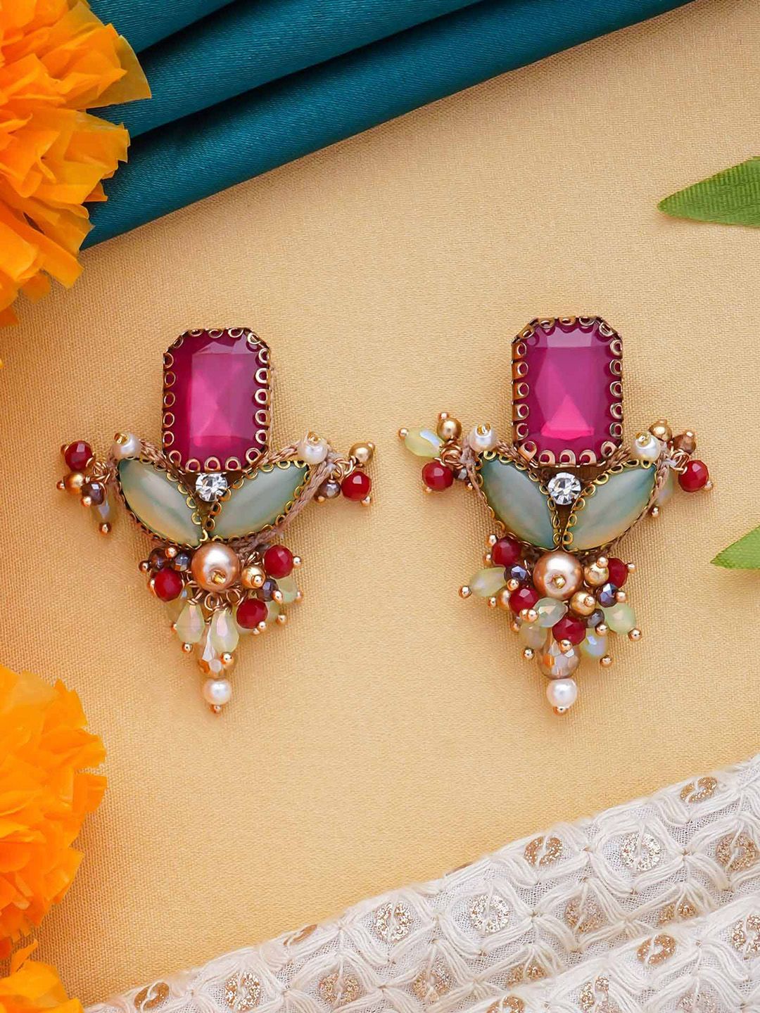 EVERSTYLISH Artificial Stones Studded And Beaded Contemporary Shaped Drop Earrings-picture-18