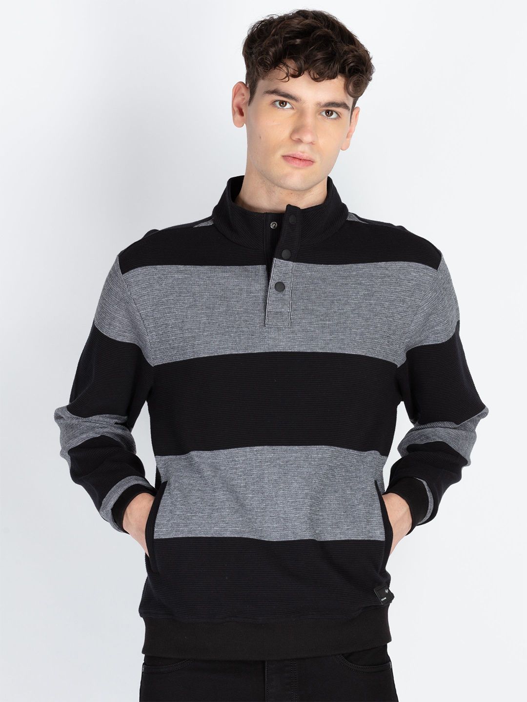 Status Quo Men Striped Mock Collar Pullover Sweatshirt-picture-28