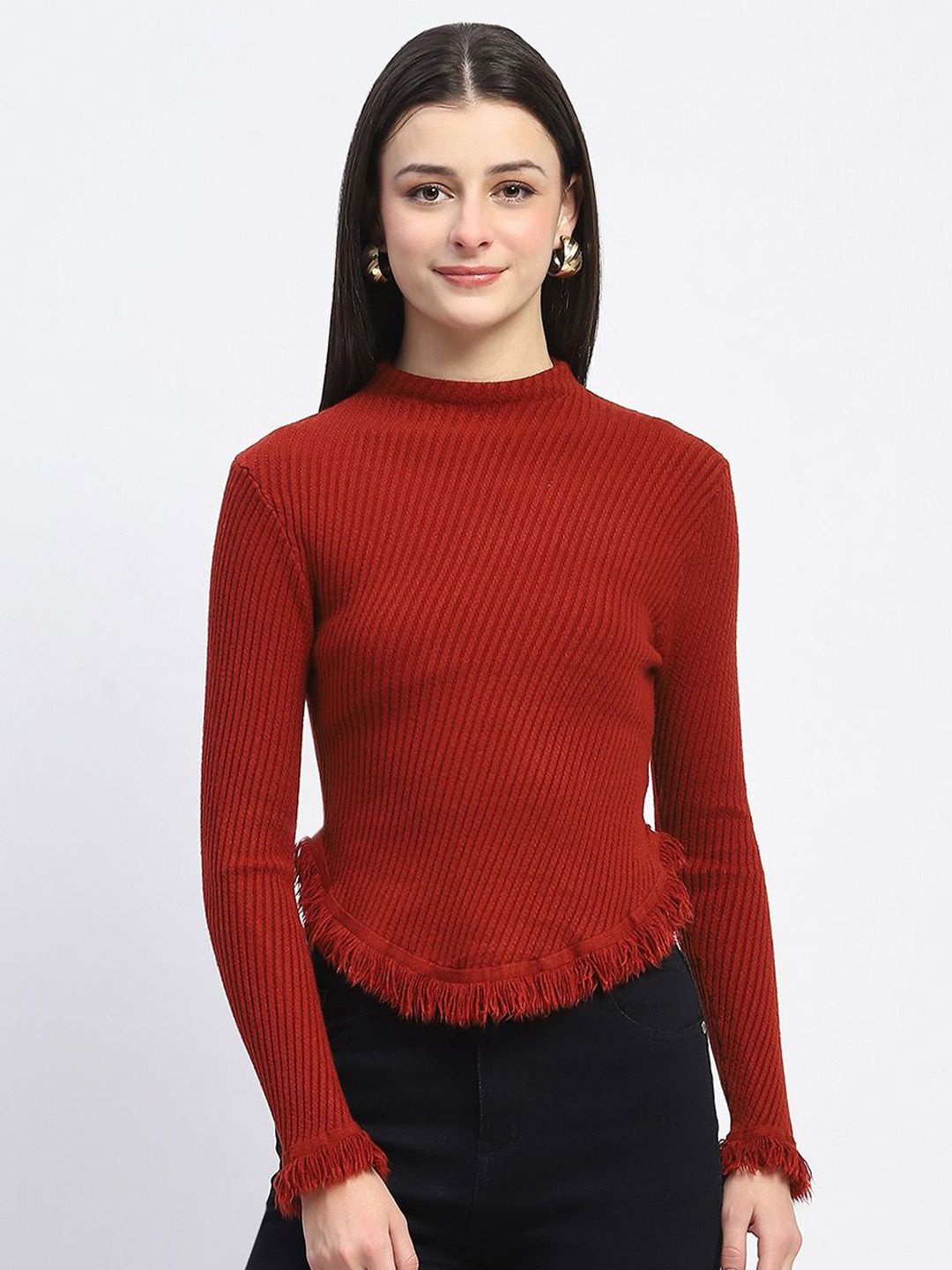 Madame Women Ribbed Pullover with Fringed Detail-picture-42