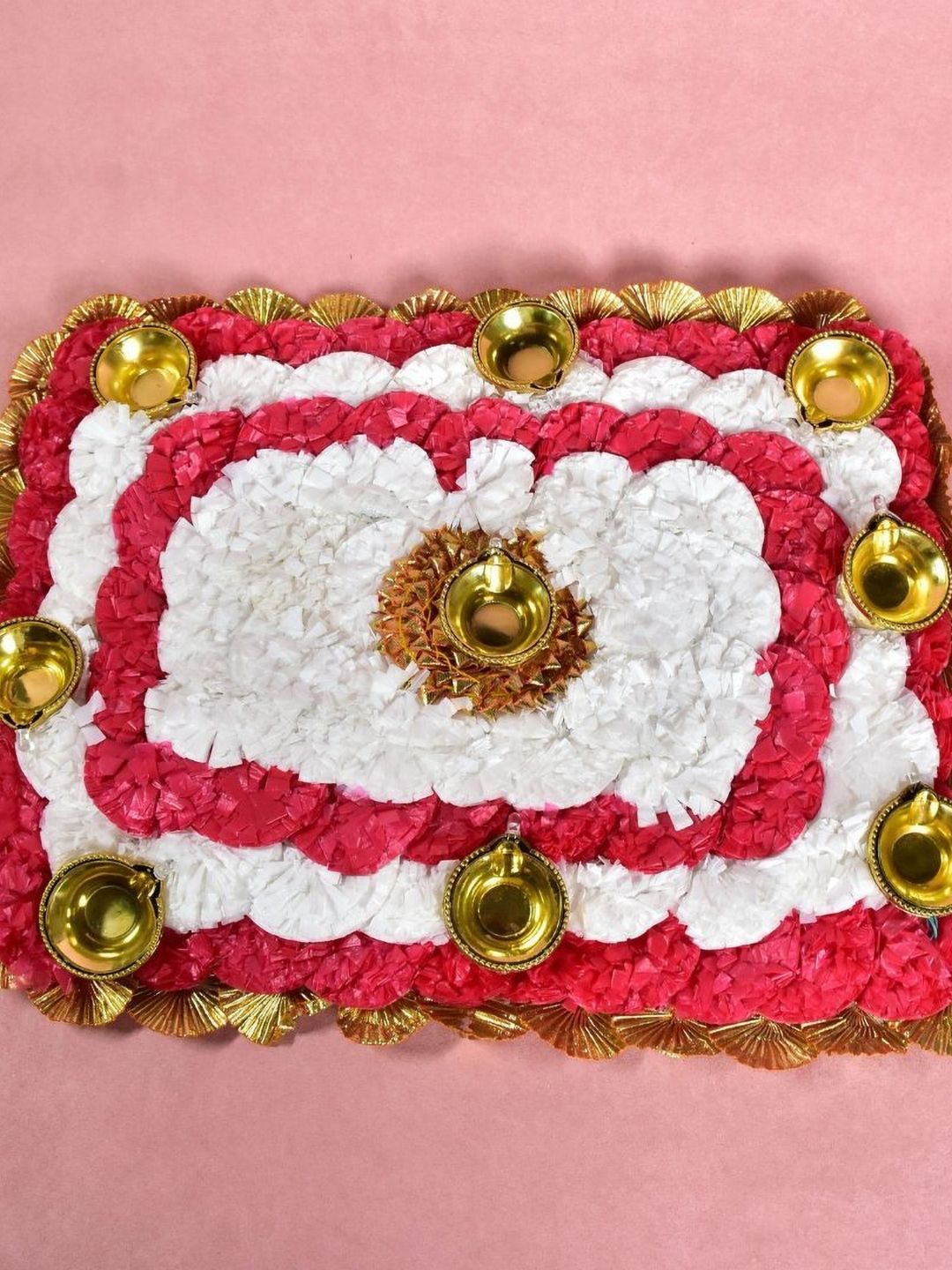THE HOME CO. Beige & Pink Rectangle Genda Mat With Light Diya-image-15