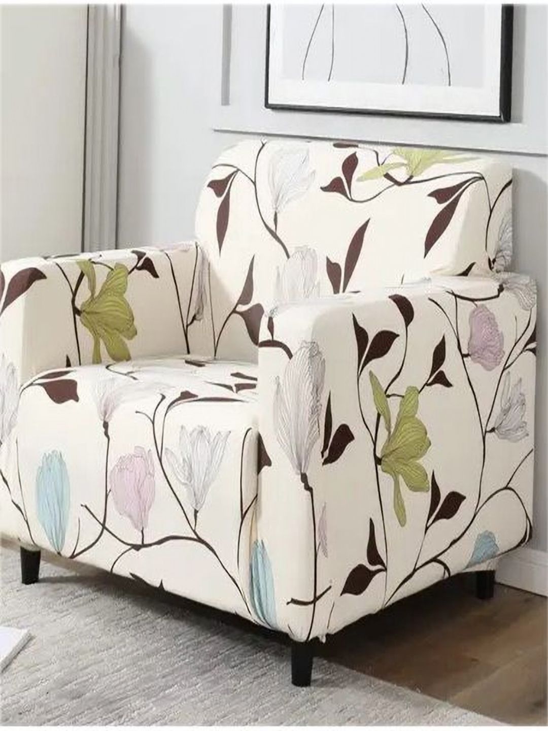 HOUSE OF QUIRK Single Seater Cream-Coloured & Blue Printed Sofa Cover With Arms-image-33