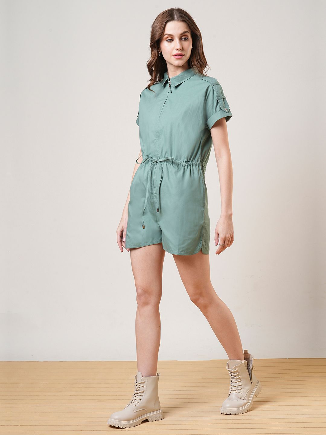 Globus Extended Sleeves Shirt Collar Waist Tie-Up Front Zip Closure Playsuit