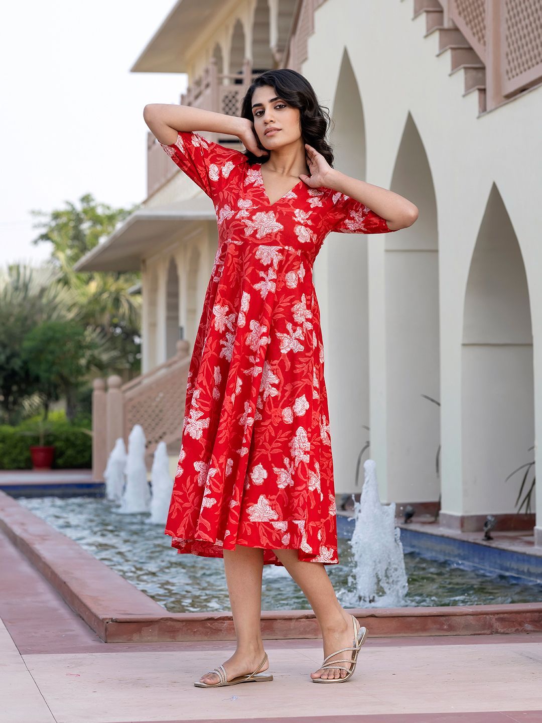Jaitpuriya Floral Printed Puff Sleeve Cotton Fit & Flare Midi Dress