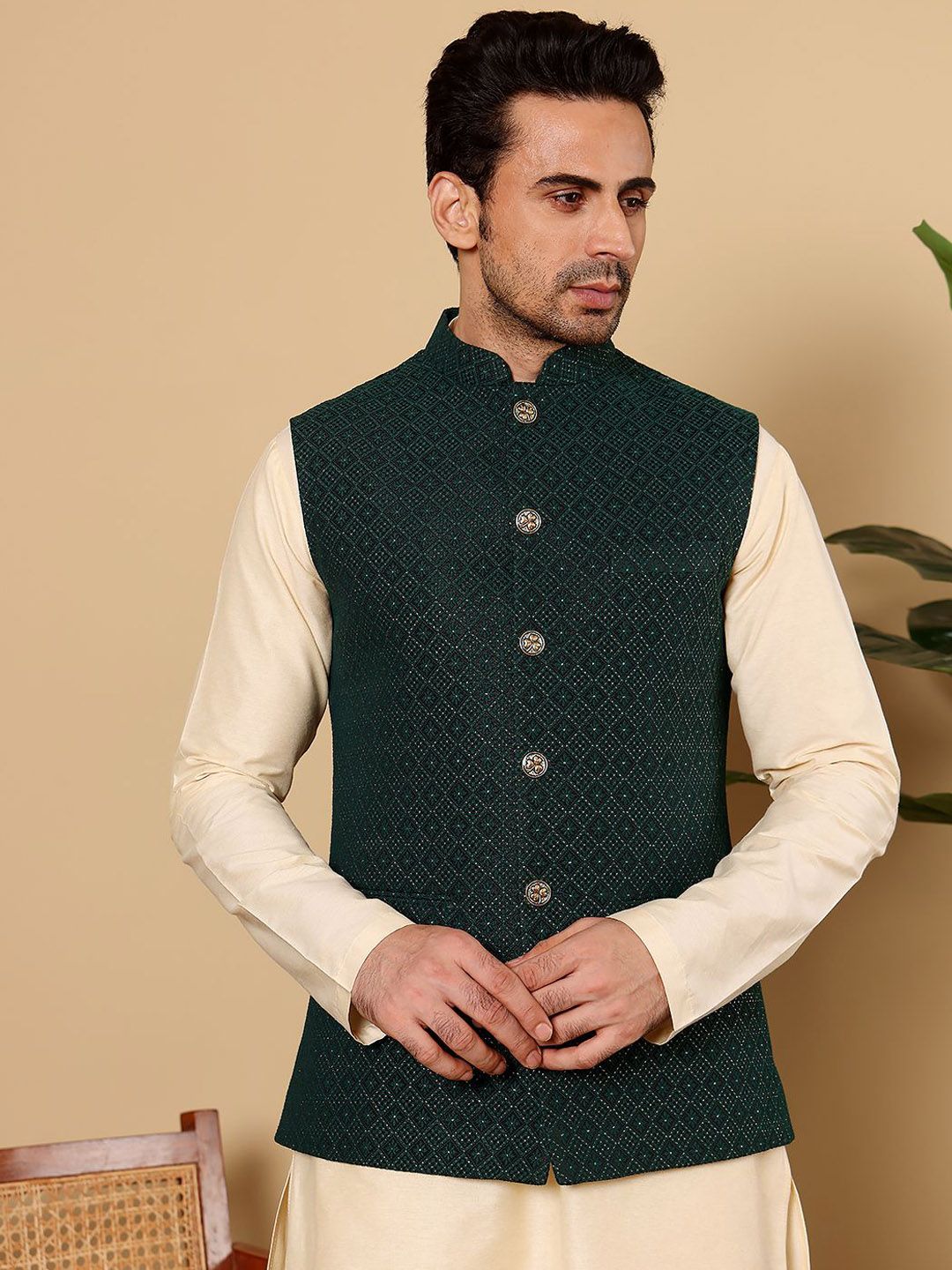 MULTI SHADES Men Embroidered Woven Nehru Jackets-picture-28