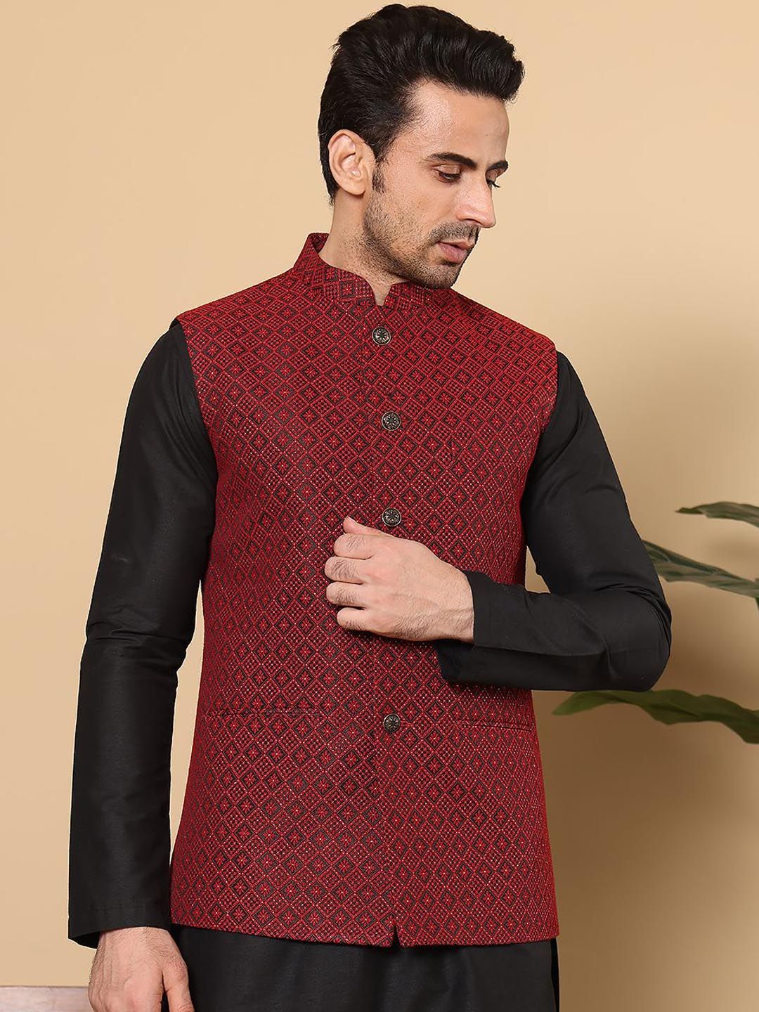 MULTI SHADES Men Embroidered Woven Nehru Jackets-picture-24