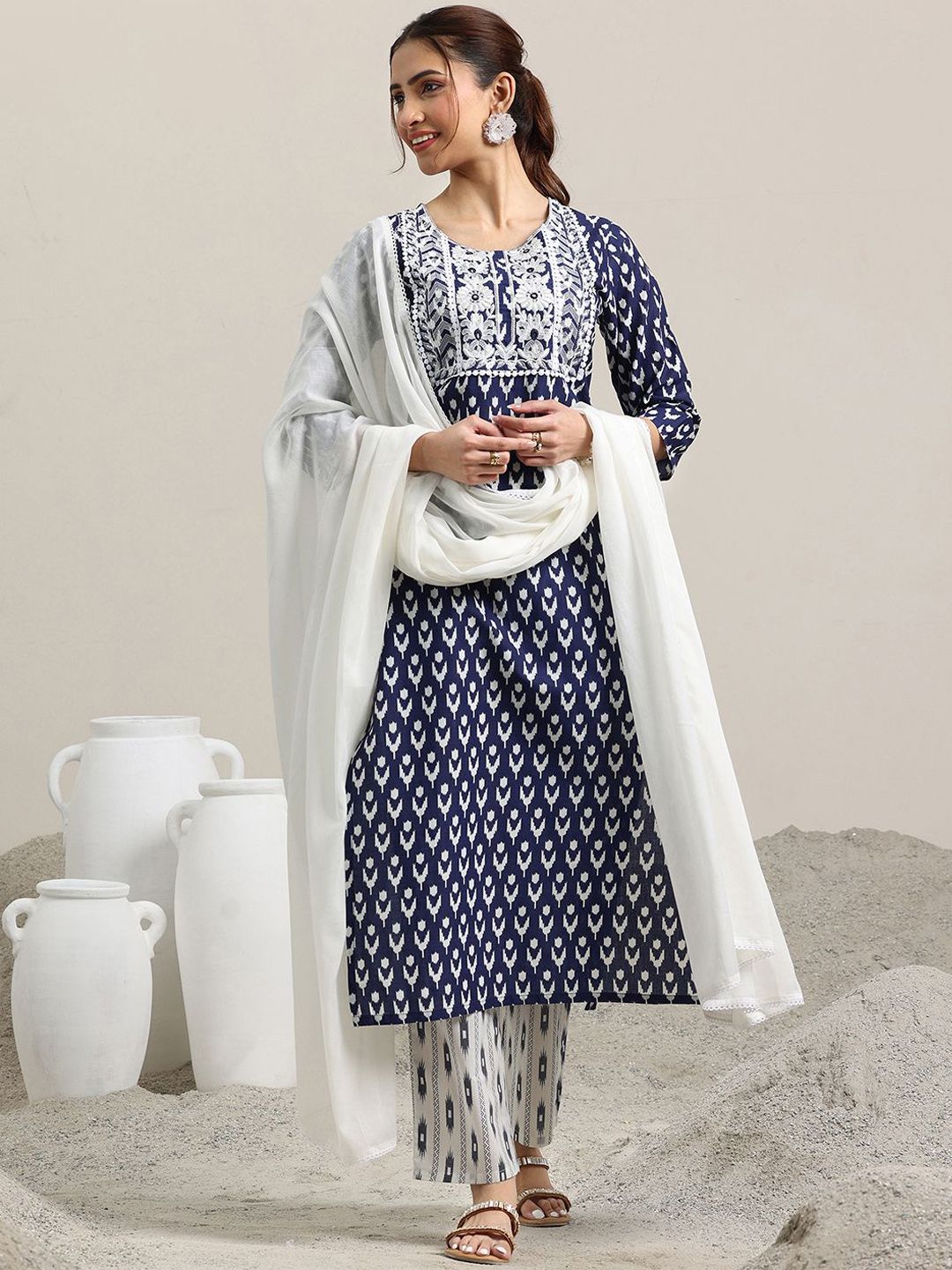 Libas Abstract Printed Pure Cotton Straight Kurta with Trousers & Dupatta