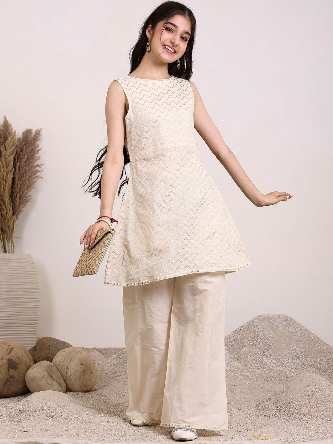 Inddus Girls Chevron Embroidered A-Line Kurta With Palazzos-picture-4