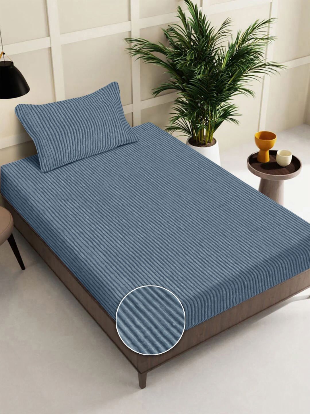 FABINALIV Blue Striped Woollen 300 TC Single Bedsheet Set 2.5 m x 2.25 m-image-18