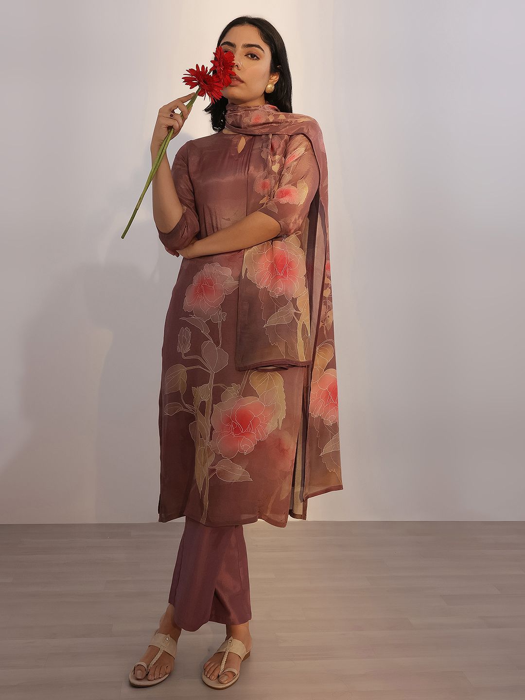 Libas Floral Printed Keyhole Neck Straight Kurta with Trousers & Dupatta