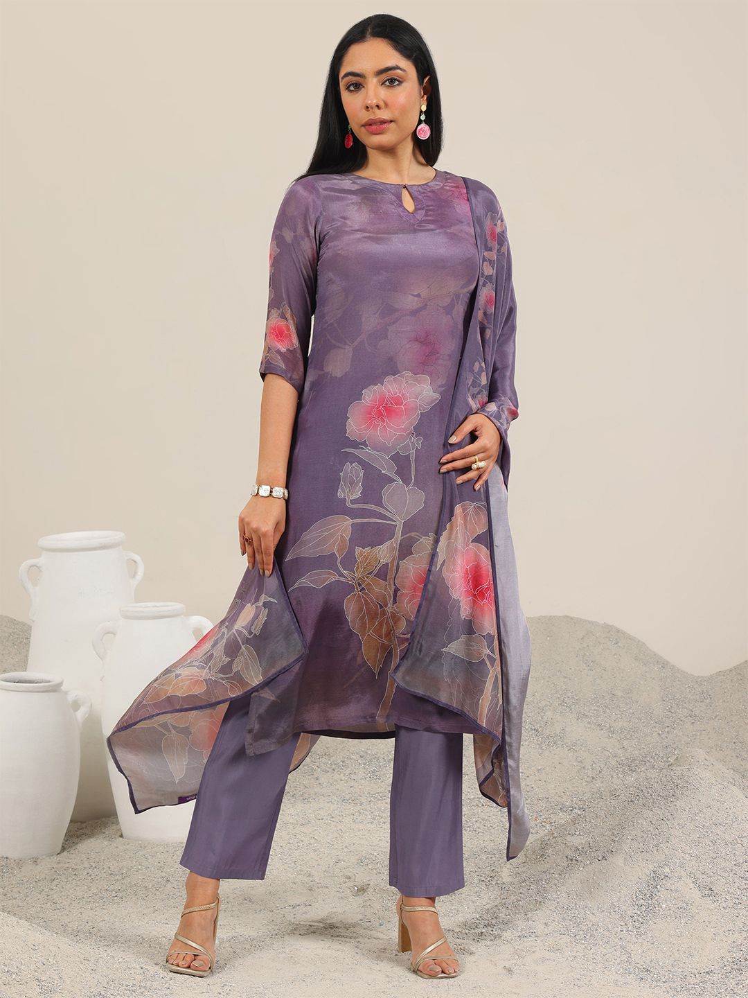 LIVA Blue A-line Embellished Kurta with Red Trousers and Dupatta