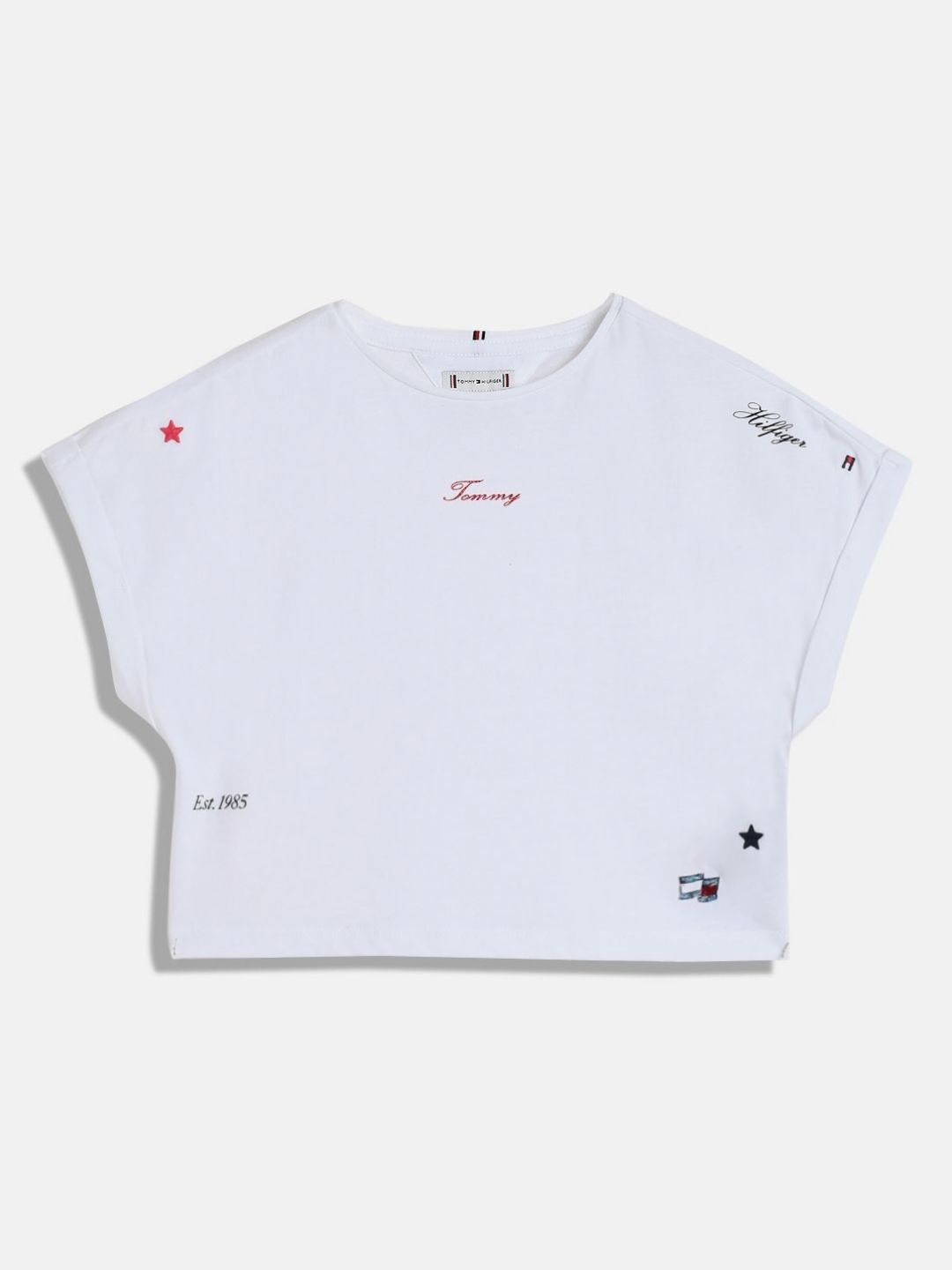 Tommy Hilfiger Girls Typography Printed Roll-Up Sleeves Boxy Fit Cotton T-shirt