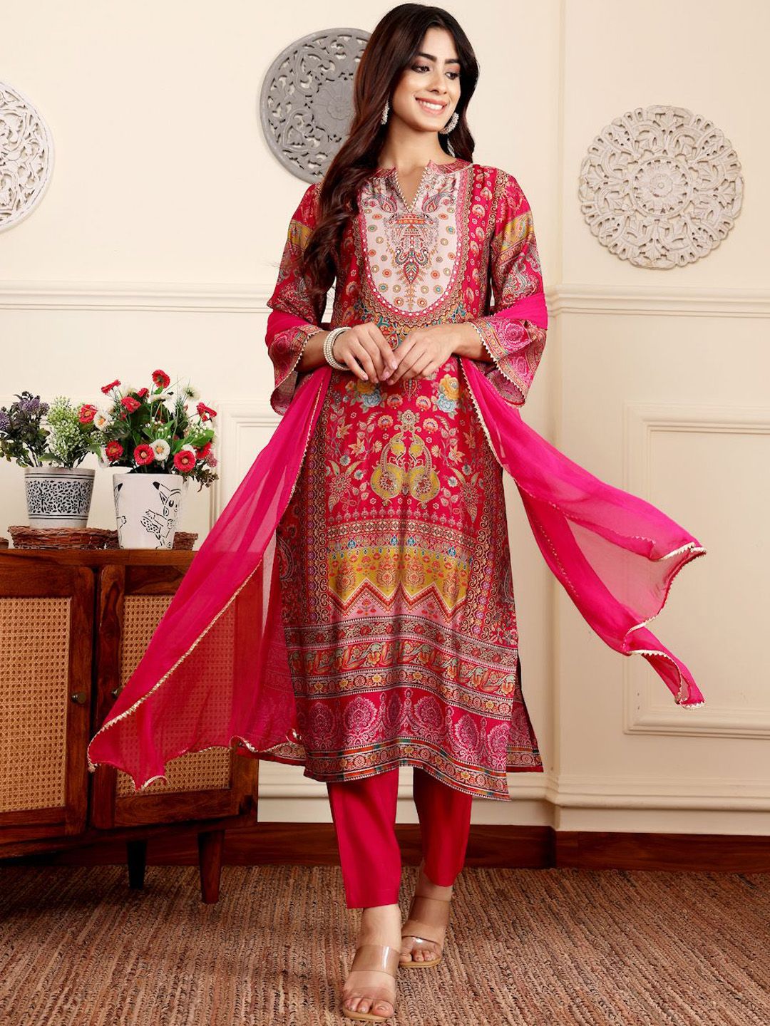 Varanga Ethnic Motifs Printed Gotta Patti Chanderi Silk Kurta With Trousers And Dupatta-image-18