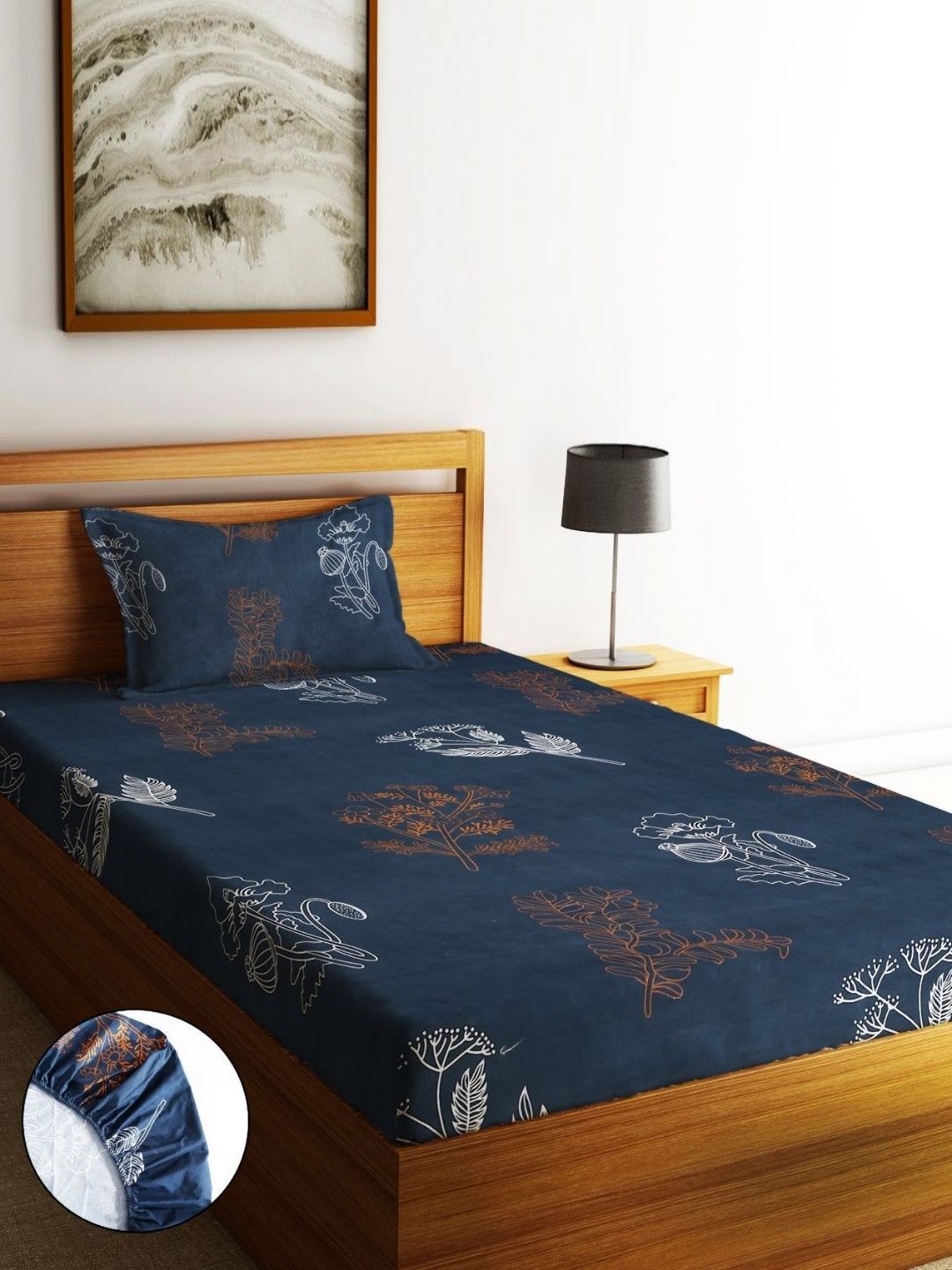 Home Sizzler Navy Blue & White Floral 210 TC Single Bedsheet with 1 Pillow Covers-picture-30