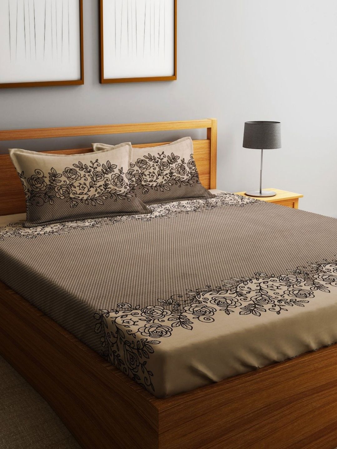 Home Sizzler Camel Brown & Black Floral 210 TC Queen Bedsheet with 2 Pillow Covers-picture-33