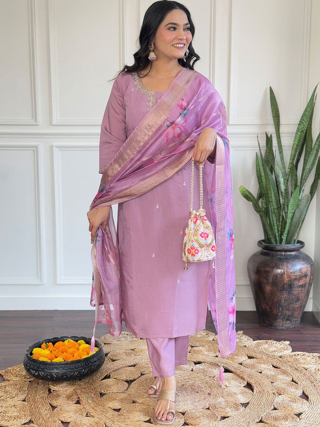 Babyhug Woven Full Sleeves Sequinned Chanderi Floral Embroidered Kurti Gharara & Net Dupatta Set - Pink & Blue main image 0