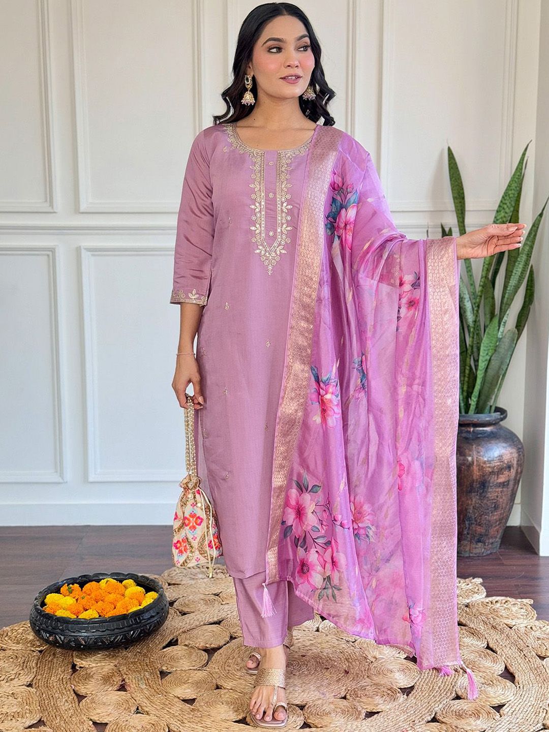 Lilots Women Floral Embroidered Regular Chanderi Silk Kurta with Trousers & With Dupatta-picture-35