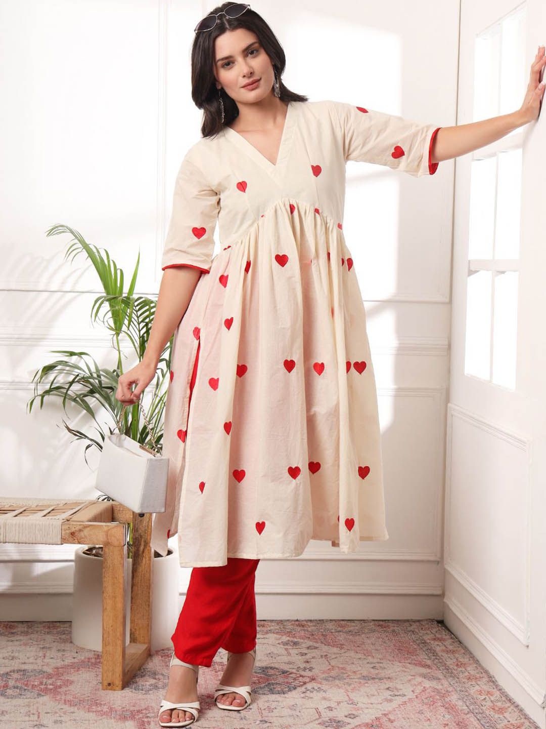 Viscose Blend Embroidered A-line Calf Length Kurta