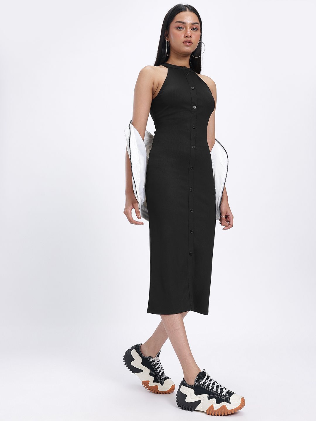 glitchez Ribbed Perfection Mock Buttons Halter Neck Midi Bodycon Dress with Back Slit-picture-16