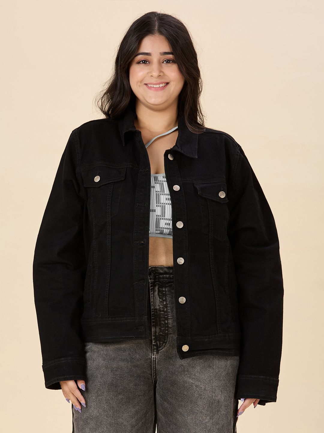 Turning Blue Women Spread Collar Solid Cotton Casual Denim Jacket