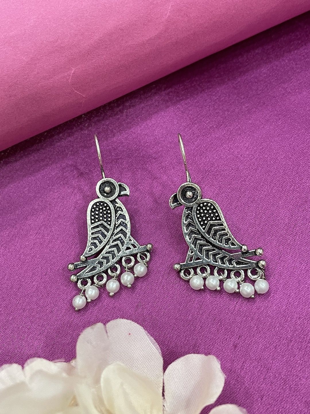 Digital Dress Room German Silver Artificial Beaded Peacock Shaped Oxidised Drop Earrings-picture-43