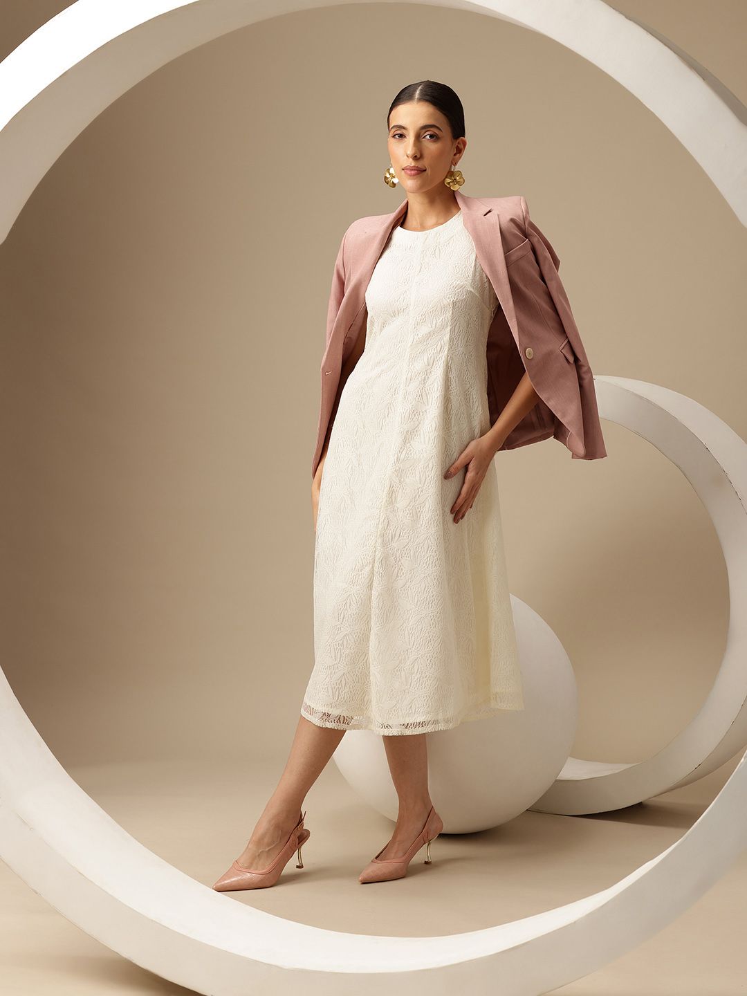 Chemistry Conversational Self-Design Lace Styled Back Midi A-Line Dress