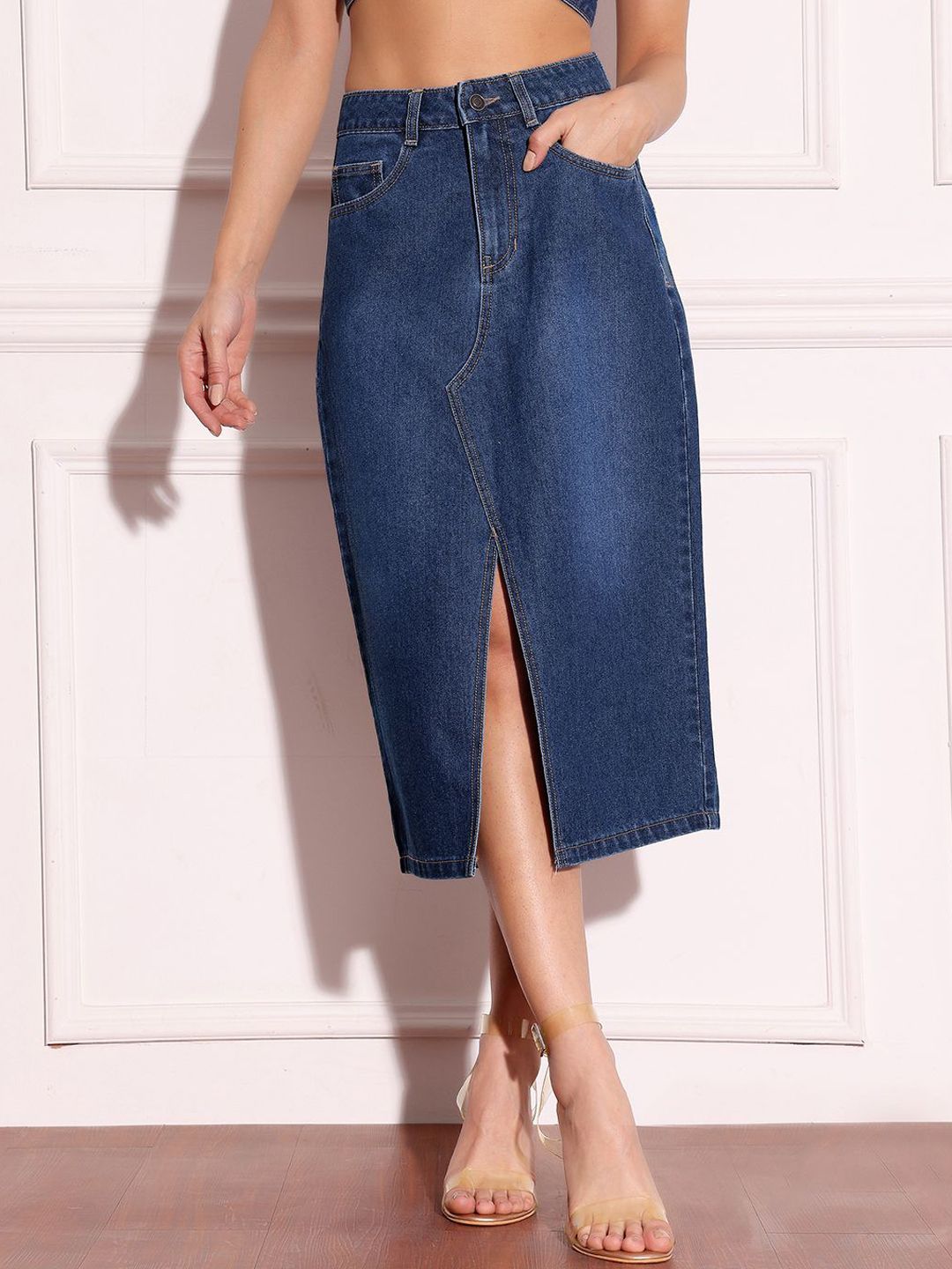 Miss Chase A-Line High-Rise Denim Midi Skirt-picture-12