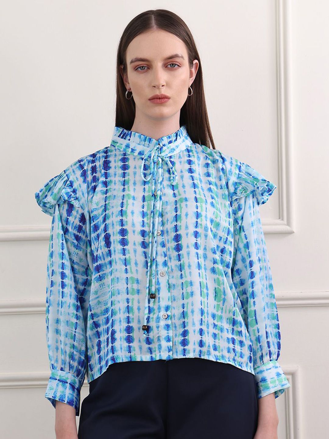 OBSHIVKA Women Tie and Dye Printed Mandarin Collar Puff Sleeve Ruffles Shirt Style Top-picture-45