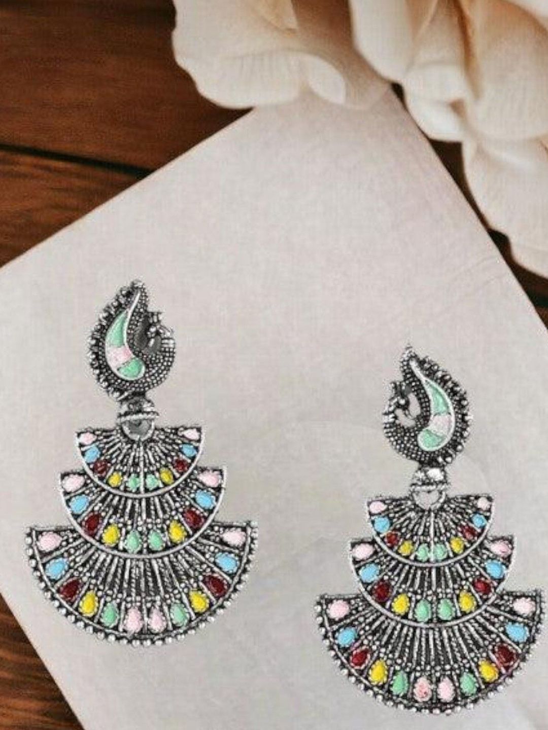 Sangria German Silver-Plated Rhinestone Studded Peacock Shaped Oxidized Drop Earrings-picture-23